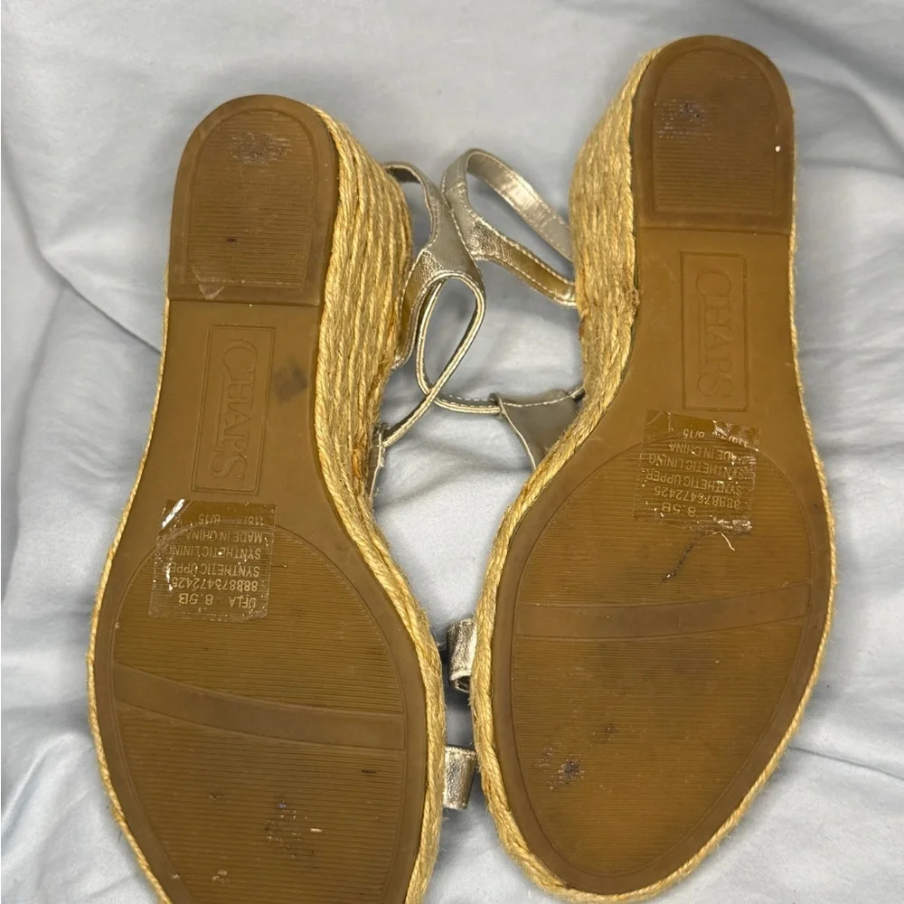 Chaps Gold Espadrille Wedge Sandals Rhinestone Strap Size 8.5